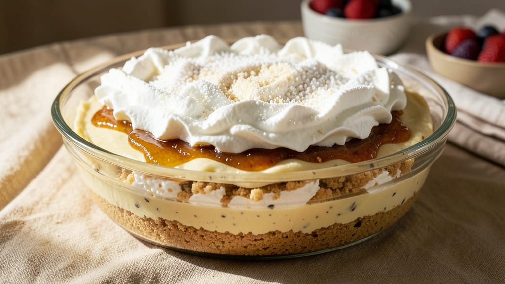 7 Layer Pie Dessert Recipe: Crunchy Vanilla Clusters Over Creamy Caramel Base