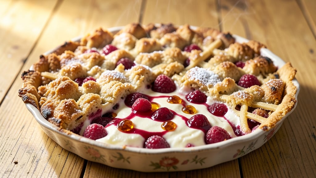 Raspberry Cream Crumble Pie Recipe: Buttery Streusel Shards Over Velvet Filling
