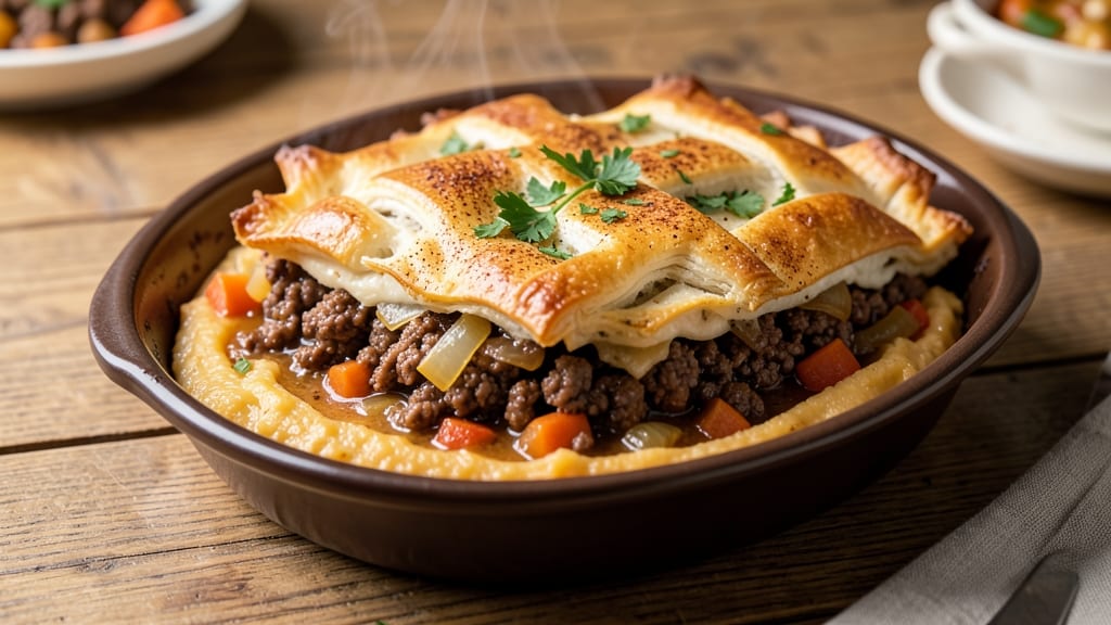 Shepherd's Pie Recipe With Sweet Potato Mash: Savory Meat and Herb Topping Baked Under Silky Topping