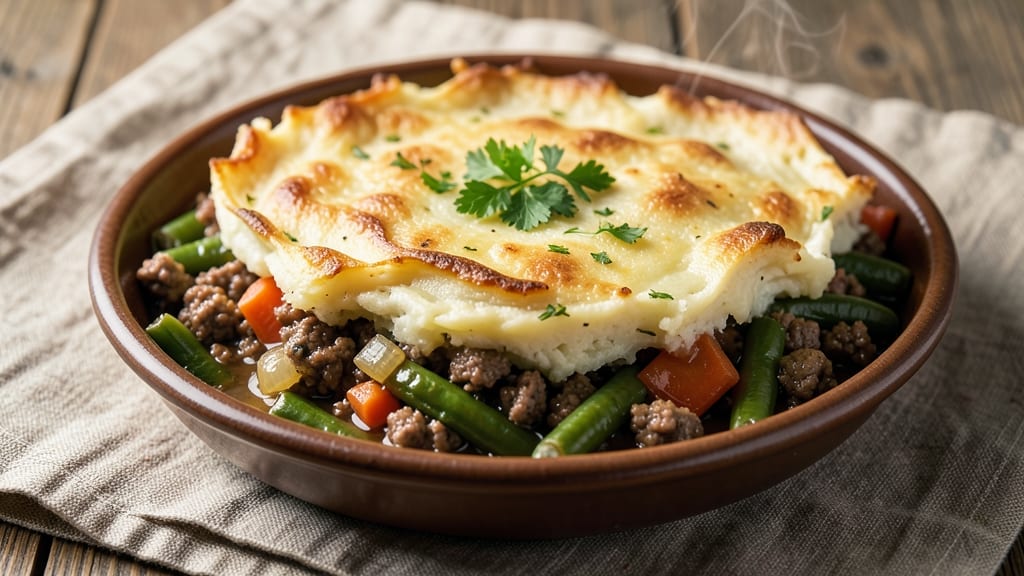 Recipe for Shepherd's Pie with Ground Beef and Green Beans: Savory Meat and Veggie Mash Topped Warm